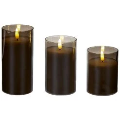 Battery LED Flickabrights Wide Glass Cup Candles With Timer -Watersi Degarden Centre Sales flickabright grey glass cup web